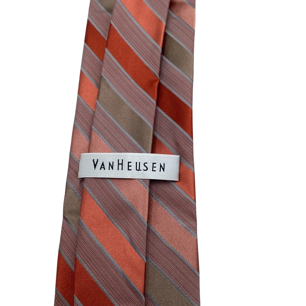 Van Heusen Mens Silk Necktie Rust Orange Taupe Grey Striped‎ Formal Business Tie